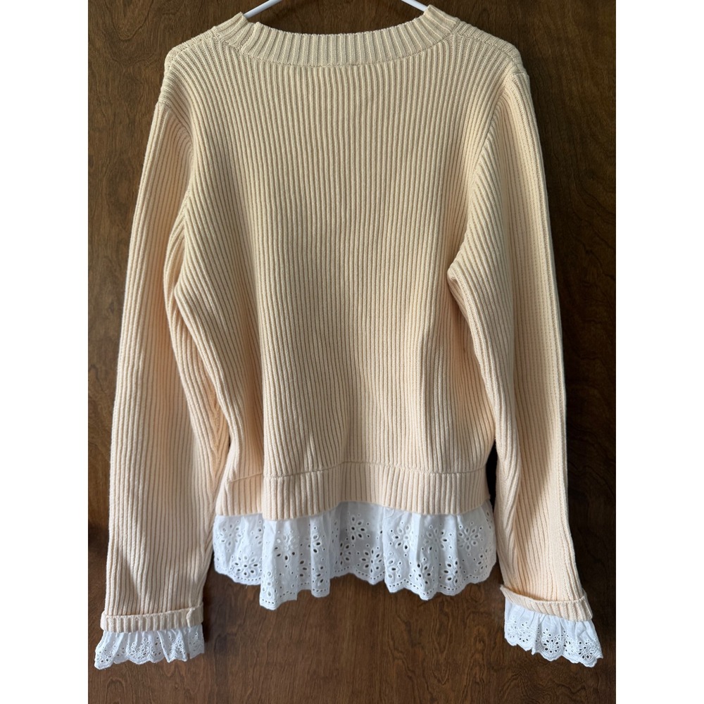 Anniewear Sz L Embroidered Eyelet Lace Ribbed Cozy Pullover Sweater Fall Layerin - Picture 8 of 11